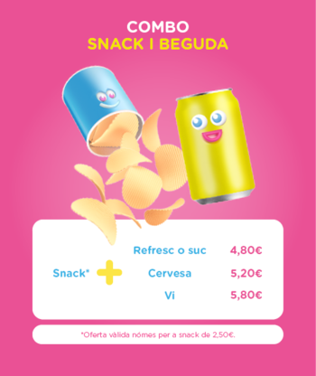  Blego snack* + refresco o suc = 4.80€ o Cervesa: 5.20€ o Vi: 5.80€. +Oferta vàlida per a snacks de 2.50€.
