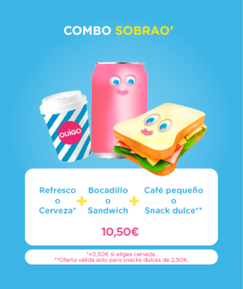 Combo Sobrao': Resfresco + bocadillo o sándwich + café pequeño o snack dulce* 0 10.50€. Puedes hacer tu combo con cerveza por +0.50€. *Oferta válida solo para snacks dulces de 2.50€.