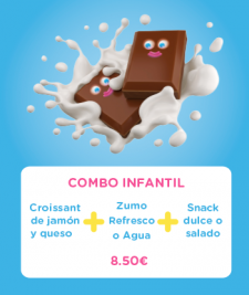 Croissant de jamón y queso + zumo, refresco o agua + snack dulce o salado = 8.50€